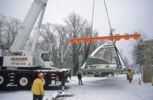 Installing a Pedestrian Bridge Workers installing a pedestrian bridge with Greiner's 200-ton and 150-ton mobile cranes